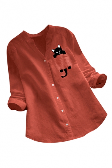 Popular Womens Linen and Cotton Pocket Cat Printed Long Sleeve V-neck Curved Hem Relaxed Shirt