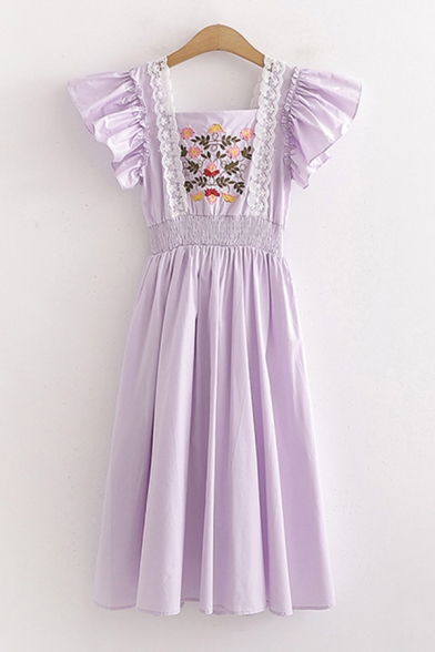 Pretty Girls Flower Embroidered Ruffled Sleeveless Square Neck Midi Pleated A-line Dress