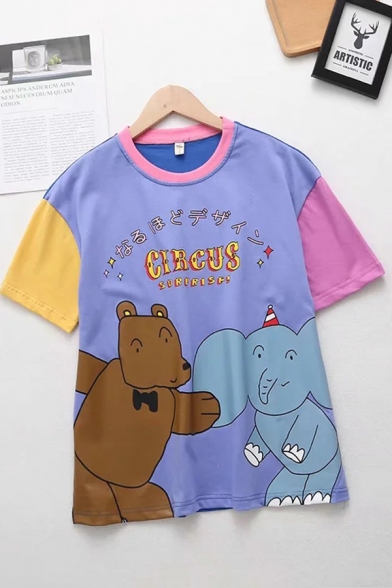 Purple Letter Circus Cartoon Bear Elephant Graphic Contrasted Short Sleeve Crew Neck Loose Fit Preppy T Shirt for Girls