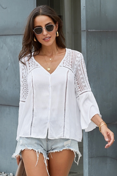 Sexy Ladies Solid Color Bell Sleeves V-neck Button down Hollow out Lace Patched Loose Blouse Top