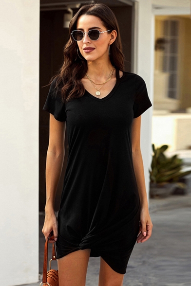 Simple Ladies Solid Color Short Sleeve V-neck Twist Hem Short Shift T-shirt Dress