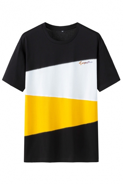 Streetwear Boys Letter Panel Colorblock Short Sleeve Crew-neck Relaxed Tee Top