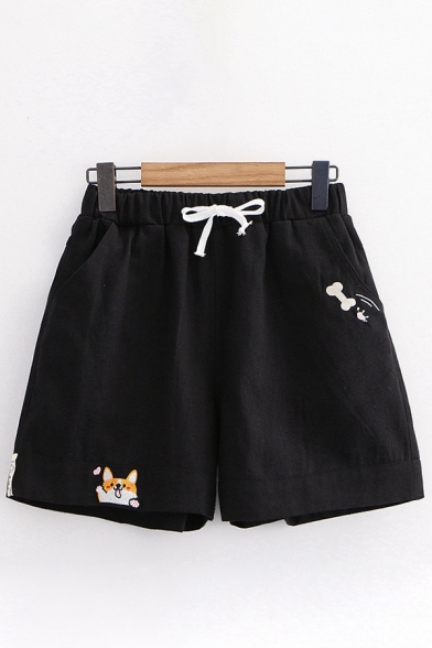 Trendy Girls Bone Dog Embroidered Drawstring Waist Rolled Cuffs Relaxed Shorts