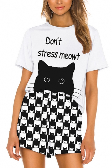 Trendy Womens Letter Don't Stress Meowt Cartoon Cat Graphic Short Sleeve Crew Neck Relaxed Tee & Allover Cat Printed Loose Shorts Set in Black