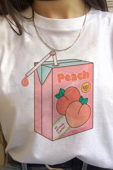 Trendy Womens Peach Juice Printed Rolled Short Sleeve Crew Neck Relaxed Fit T-shirt in White