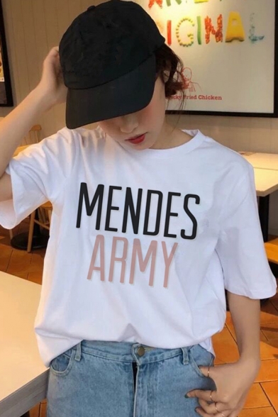White Letter Mendes Army Print Short Sleeve Crew Neck Loose Fit Chic T Shirt for Girls