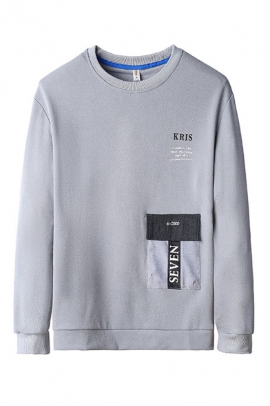 Casual Letter Kris Printed Flap Pocket Long Sleeve Crew Neck Loose Pullover Sweatshirt for Men