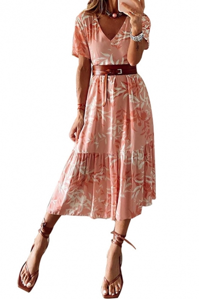 Casual Womens Allover Flower Printed Short Sleeve V-neck Ruffled Trim Midi Pleated A-line Dress in Pink