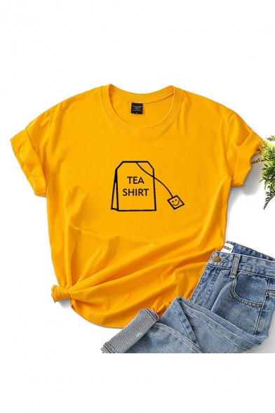 Chic Ladies Letter Tea Shirt Pattern Rolled Short Sleeve Crew Neck Regular Fit T Shirt