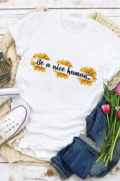 Chic Womens Letter Be A Nice Human Sunflower Graphic Rolled Short Sleeve Crew Neck Slim Fit Tee Top in White