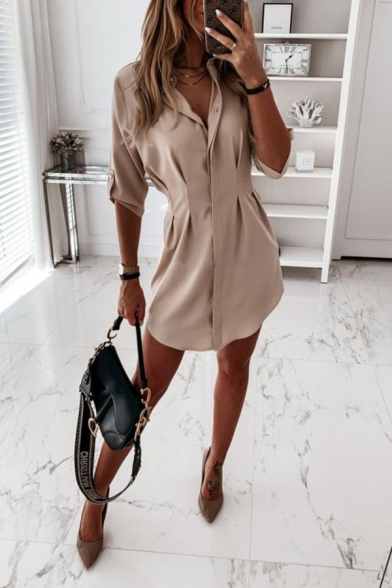 Formal Womens Solid Color Rolled Half Sleeves Turn down Collar Gathered Waist Button up Pleated Relaxed Long Shirt Top