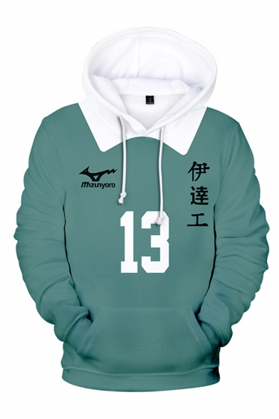 Green Contrasted Letter Number 13 Print Long Sleeve Drawstring Loose Popular Cosplay Hoodie for Men