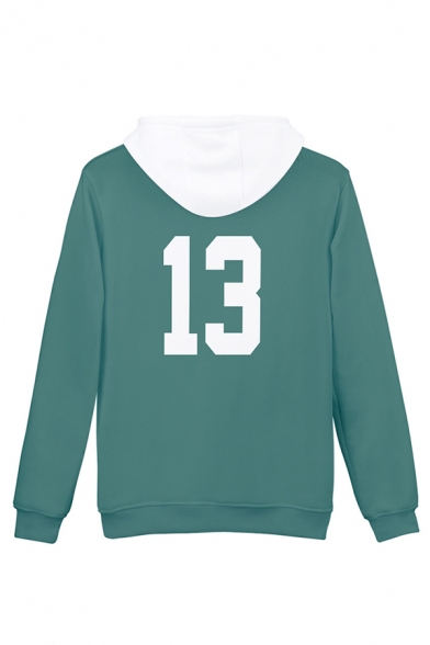 Green Contrasted Letter Number 13 Print Long Sleeve Drawstring Loose Popular Cosplay Hoodie for Men
