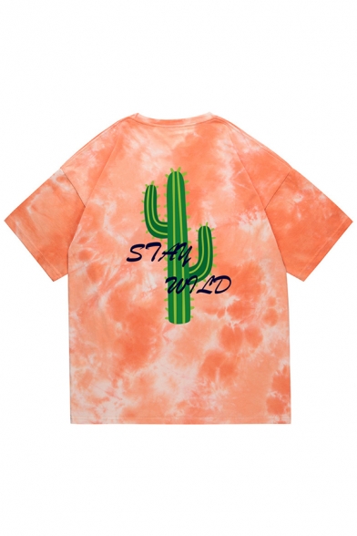 Letter Cactus Tie Dye Graphic Short Sleeve Crew Neck Loose Fit Popular T Shirt for Men