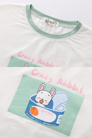 Letter Crazy Rabbit Cartoon Rabbit Graphic Contrasted 3/4 Sleeves Crew Neck Loose Leisure T Shirt for Women