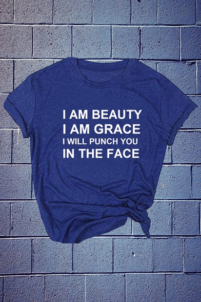 Letter I Am Beauty I Am Grace Printed Rolled Short Sleeve Crew Neck Regular Fit Tee Top for Women