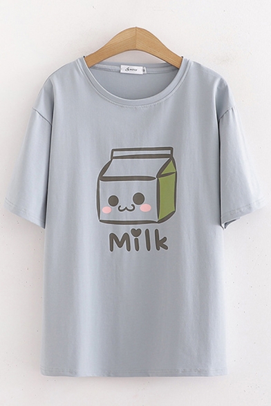 Popular Womens Letter Milk Box Graphic Short Sleeve Round Neck Relaxed Fit Tee Top in Light Gray