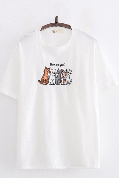 Simple Girls Letter How Are You Cat Graphic Short Sleeve Crew Neck Relaxed Fit T Shirt