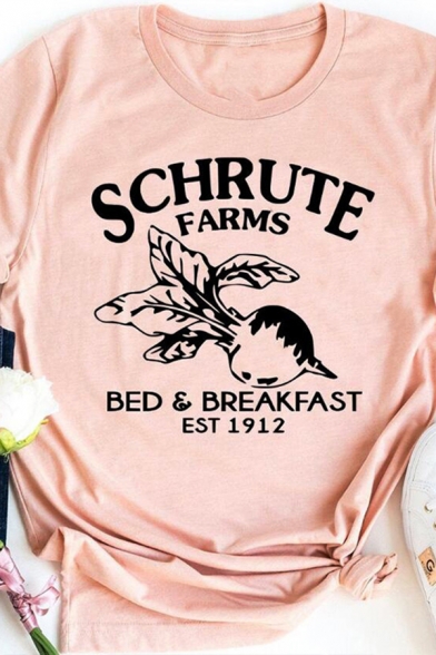 Simple Girls Letter Schrute Farms Radish Graphic Rolled Short Sleeve Crew Neck Slim Fit T Shirt