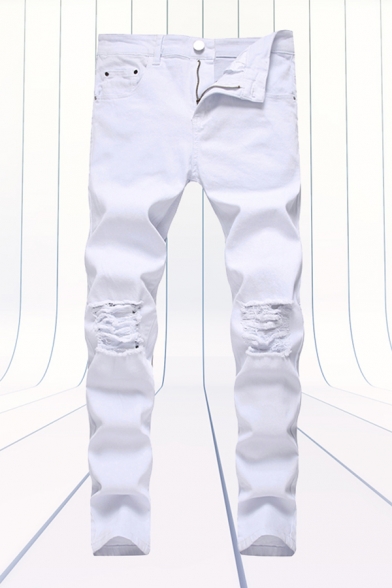 Simple Mens Solid Color Distressed Zipper Pocket Mid Rise Skinny Fitted Full Length Jeans in White