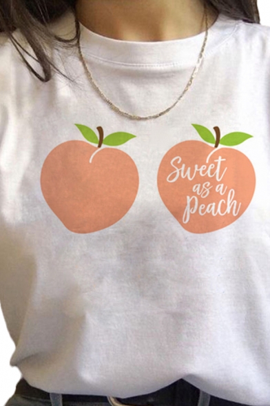 Stylish Womens Letter Sweet As A Peach Cartoon Peach Graphic Rolled Short Sleeve Crew Neck Loose T-shirt in White