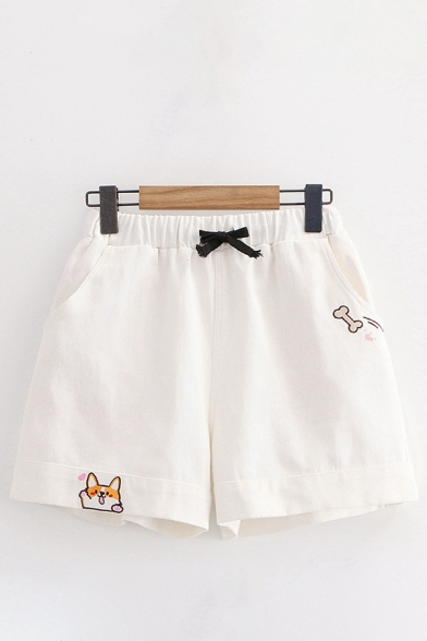 Trendy Girls Bone Dog Embroidered Drawstring Waist Rolled Cuffs Relaxed Shorts