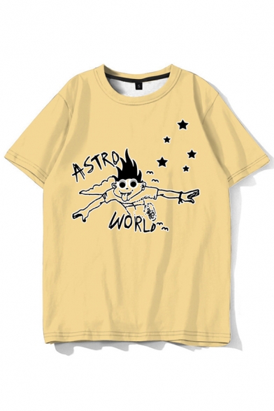 Trendy Mens Letter Astro World Graphic Short Sleeve Crew Neck Loose T-shirt