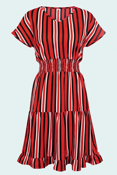 Trendy Womens Stripe Printed Short Sleeve V-neck Gathered Waist Ruffled Short A-line Dress