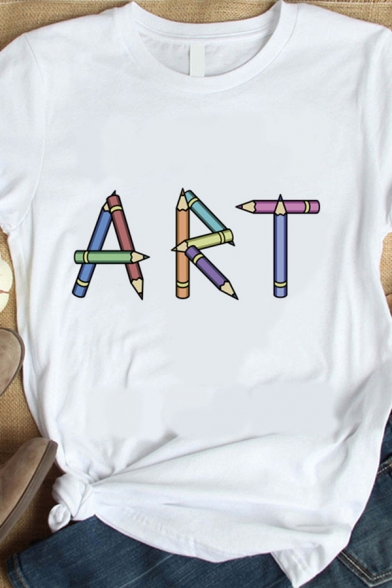 White Fashion Letter Art Pencil Printed Rolled Short Sleeve Crew Neck Regular Fit T Shirt for Girls