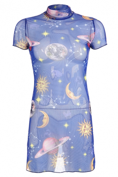 Womens Novelty Galaxy Printed High Neck See-through Short Sleeve Mini A-Line Dress in Blue