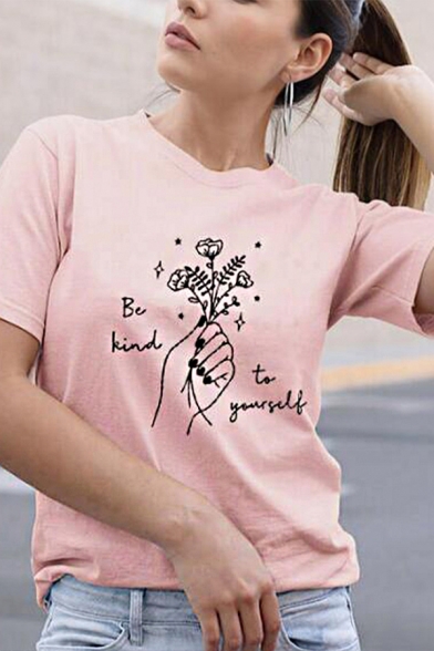 Basic Womens Letter Be Kind to Yourself Floral Graphic Short Sleeve Crew Neck Relaxed T Shirt