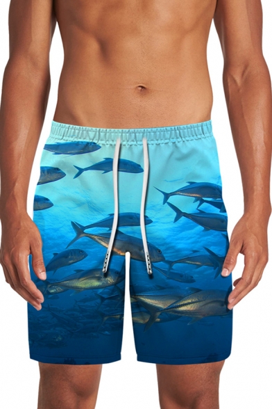 Blue Shark Ocean 3D Patterned Drawstring Waist Relaxed Straight Swimming Shorts for Men