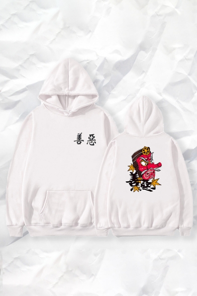 Chic Boys Chinese Letter Monster Graphic Long Sleeve Kangaroo Pocket Relaxed Hoodie