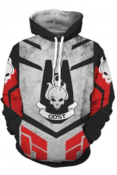 Cool Boys Letter Odst Skull Geo 3D Pattern Contrasted Long Sleeve Drawstring Pouch Pocket Relaxed Hoodie in Gray