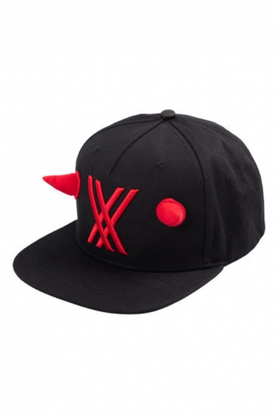 Cool Cross Stripe Embroidered Horn Patched Cap in Black