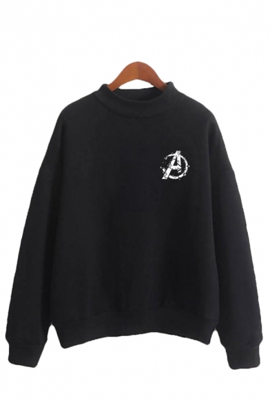 Cool Girls Letter A Printed Long Sleeve Mock Neck Relaxed Fit Pullover Sweatshirt