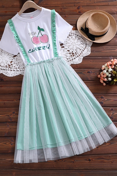 Fancy Girls Letter Fresh Cherry Graphic Short Sleeve Crew Neck Stringy Selvedge Mesh Mid Pleated A-line T Shirt Dress in Green