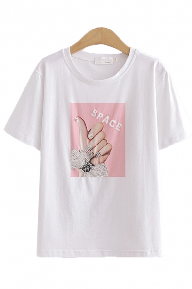 Girls Casual White Letter Space Embroidery Hand Printed Short Sleeve Round Neck Loose T Shirt