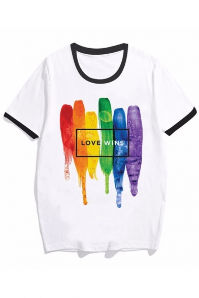 Letter Love Wins Colorful Stripe Graphic Short Sleeve Crew Neck Loose Popular Ringer Tee in White