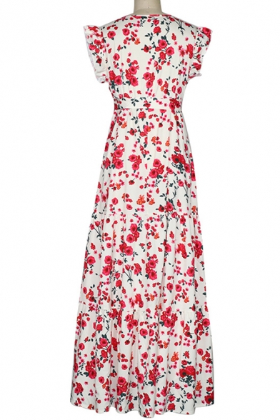 Pretty Ladies All over Floral Printed Sleeveless Surplice Neck Bow 