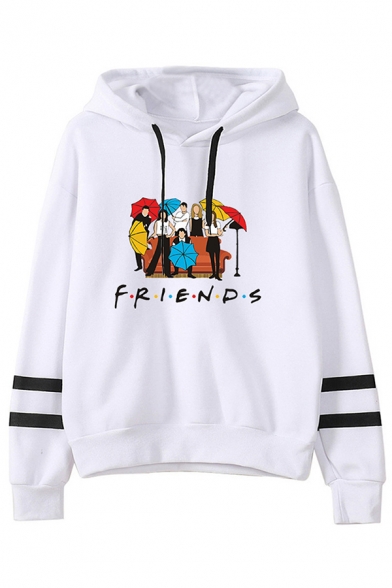 Pretty Looks Letter Friends Cartoon Figure Graphic Varsity Striped Long Sleeve Drawstring Relaxed Hoodie for Boys