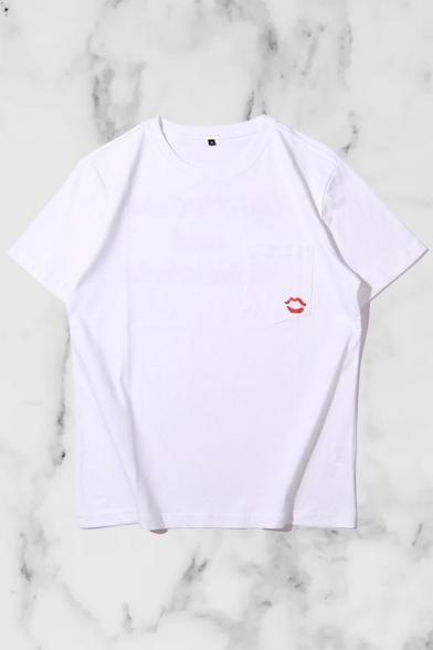 Simple Guys Letter Lip Graphic Short Sleeve Crew Neck Loose Fit T-shirt in White