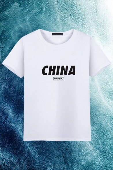 Simple Mens Letter China Printed Short Sleeve Round Neck Loose Fit Tee Top