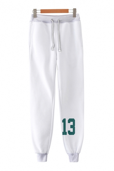 Trendy White Letter 13 Drawstring Waist Cuffed Ankle Carrot Fit Sweatpants for Men