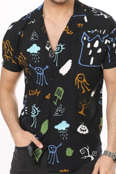 All over Mixed Cartoon Printed Short Sleeve Spread Collar Button up Regular Fit Chic Shirt for Men
