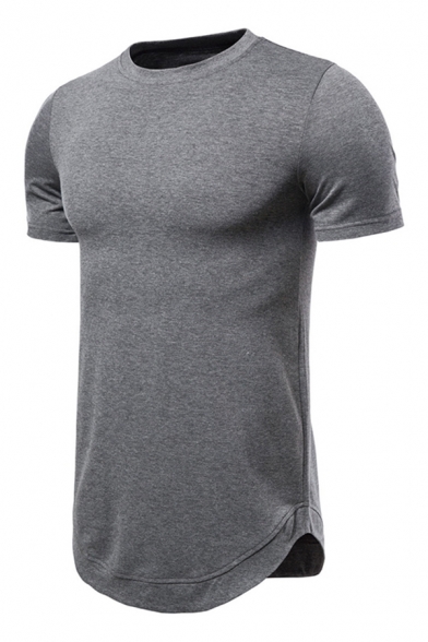 Casual Mens Solid Color Short Sleeve Crew Neck Curved Hem Regular Fitted Tee Top