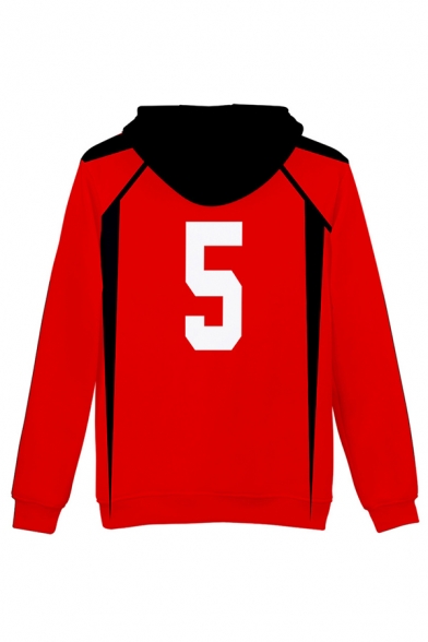 Chinese Letter Number 3D Cosplay Print Contrasted Long Sleeve Drawstring Pouch Pocket Loose Popular Hoodie in Red