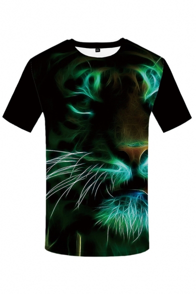 Exclusive Mens Tiger 3D Print Short Sleeve Crew Neck Slim Fitted Tee Top in Black