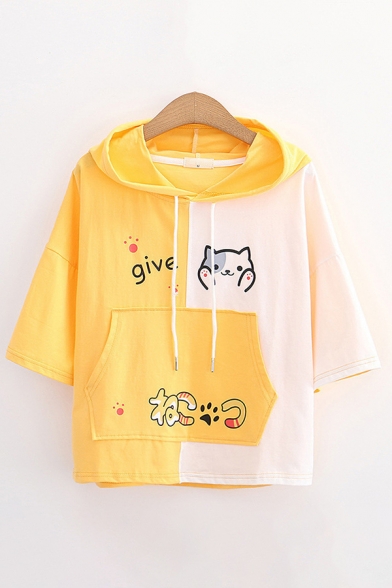 Fashionable Girls Letter Give Cat Graphic Colorblock Short Sleeve Drawstring Pouch Pocket Loose Hoodie
