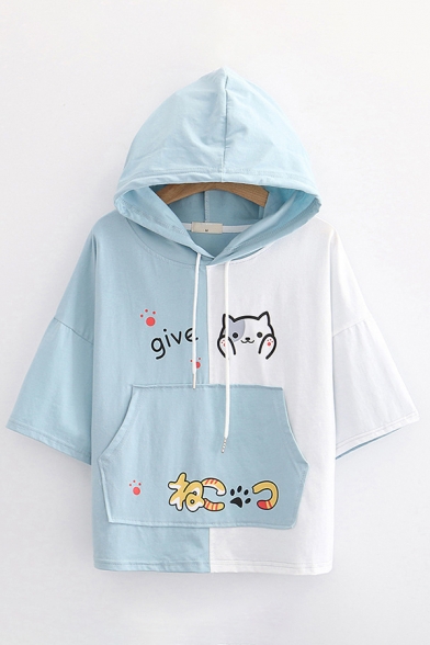 Fashionable Girls Letter Give Cat Graphic Colorblock Short Sleeve Drawstring Pouch Pocket Loose Hoodie